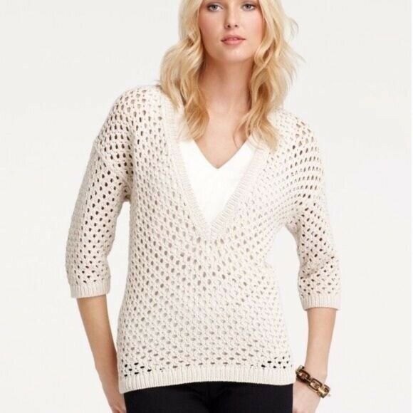 Ann Taylor Crocheted V-Neck Cotton Sweater Navy Women's Large - Picture 4 of 9